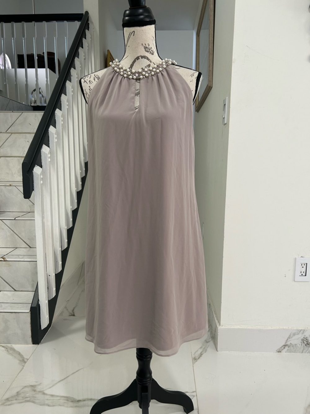 SL Fashions Taupe Midi Dress with Pearl around the neck line and sleeveless 10